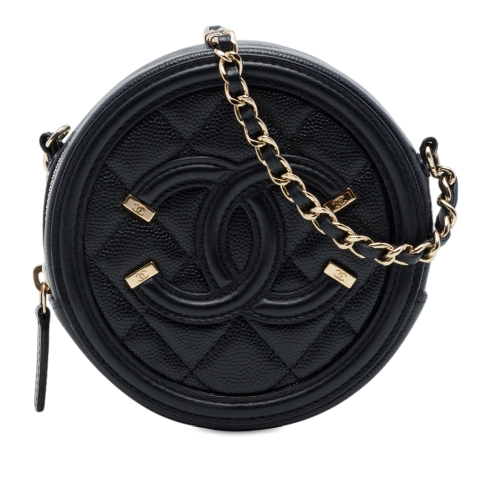 Pre-Loved Chanel Caviar CC Filigree Round Clutch with Chain